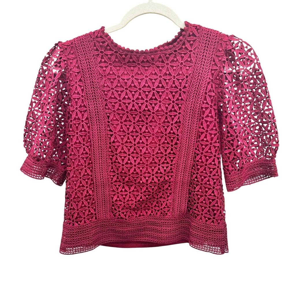 Ultra Pink Women Burgundy Maroon Floral Lace Puff Sleeve Top S Coquette Feminine